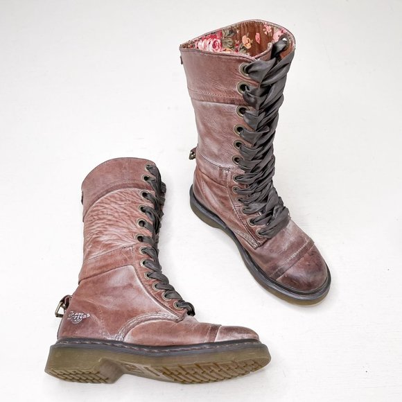 Dr. Martens Shoes - Dr. Martens Brown Distressed Leather Triumph Tall Lace Up Fold Over Boot Size 7